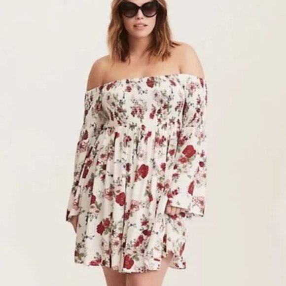 Torrid Dresses & Skirts - Torrid Ivory Floral Off Shoulder Challis Smock Dress